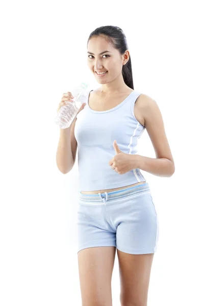 Sportowy kobieta wody pitnej, na białym tle biały — Zdjęcie stockowe