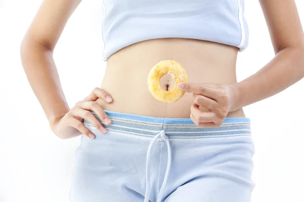 Mulher da dieta segurando donut — Fotografia de Stock