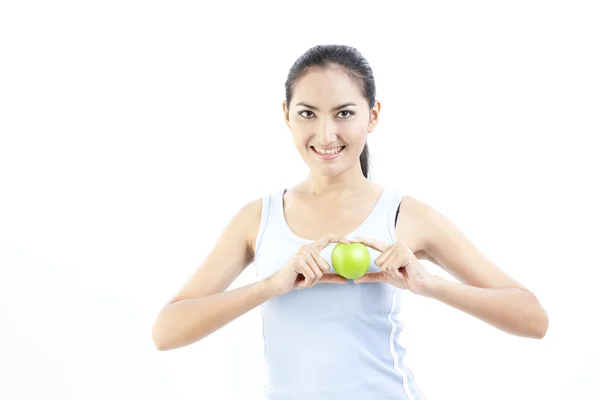 Beautiful asian woman holding green apple on white — Stock Photo, Image