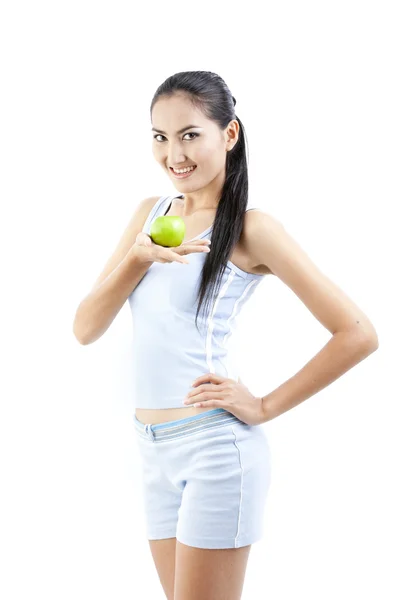 漂亮的亚洲女子吃青苹果白 — 图库照片
