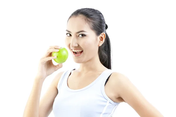 Beautiful asian woman hold apple in her hand on white background — Stock Photo, Image