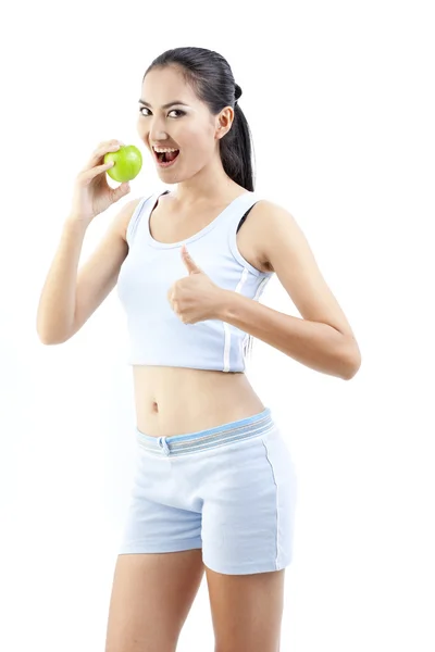 Hermosa asiático mujer hold manzana en su mano en blanco fondo — Foto de Stock