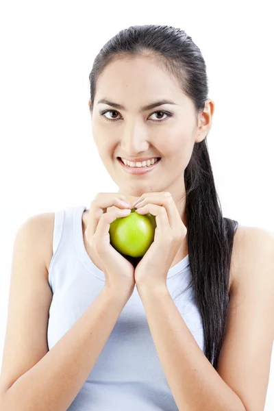 Beautiful asian woman hold apple in her hand on white background — Stock Photo, Image