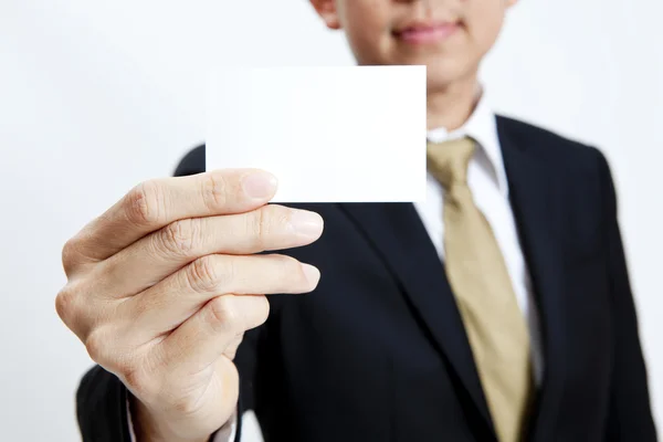 Portrait business man holding blank note card — Stock Photo, Image
