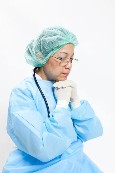 Closeup Portrait of female doctor over white background — Stock Photo, Image