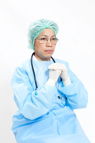 Closeup Portrait of female doctor over white background — Stock Photo, Image