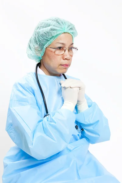 Closeup Portrait of female doctor over white background — Stock Photo, Image