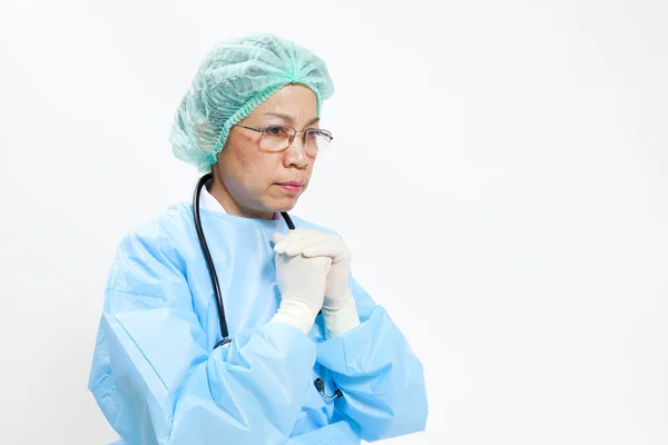 Closeup Portrait of female doctor over white background — Stock Photo, Image