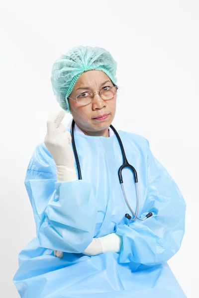 Closeup Portrait of female doctor-crossed fingers over white background — Stock Photo, Image