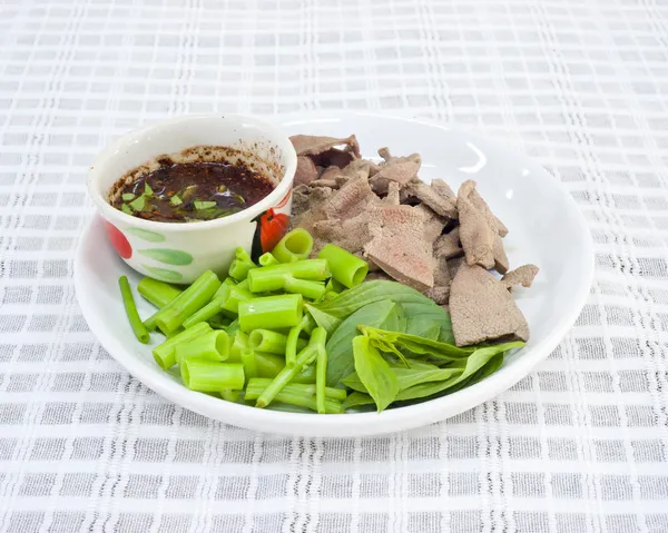 Boiled liver and morning glory with spicy sauce — Stock Photo, Image
