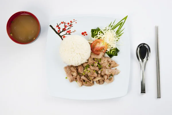 Japanese breakfast, grilled pork and miso soup — Stock Photo, Image