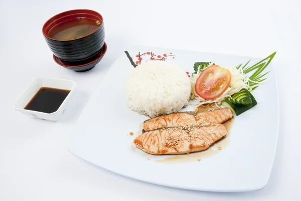 Japanese breakfast, grilled salmon and miso soup — Stock Photo, Image