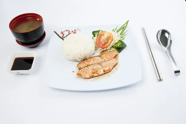 Japanese breakfast, grilled salmon and miso soup — Stock Photo, Image