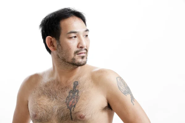 Portrait of asian man with naked body and tattoo — Stock Photo, Image