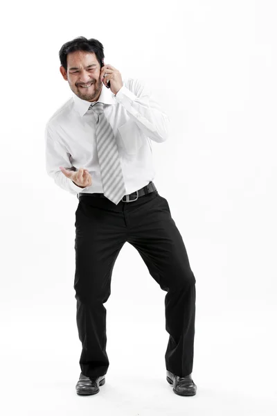 Superstitious - Asian business man with crossed fingers over white background — Stock Photo, Image