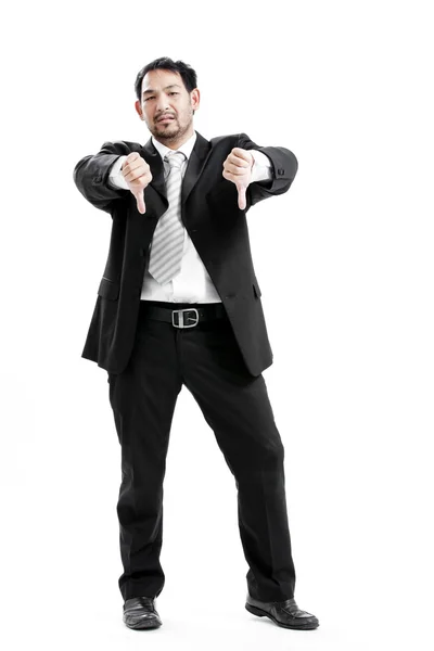 Empresario con el pulgar hacia abajo gesto sobre fondo blanco — Foto de Stock