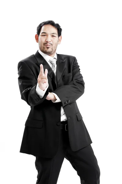 Businessman making a gun gesture. Isolated on white — Stock Photo, Image