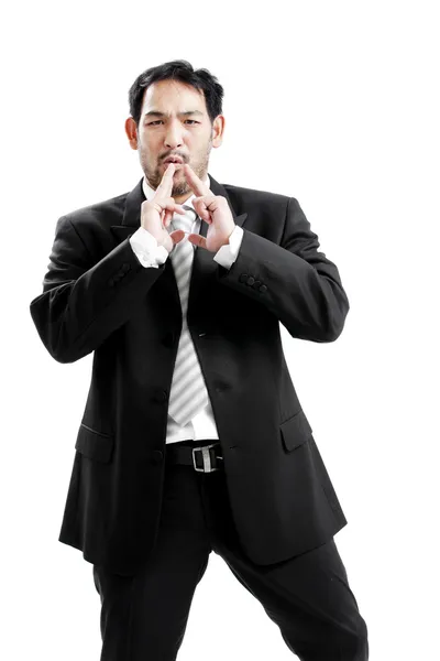 Businessman making a gun gesture. Isolated on white — Stock Photo, Image