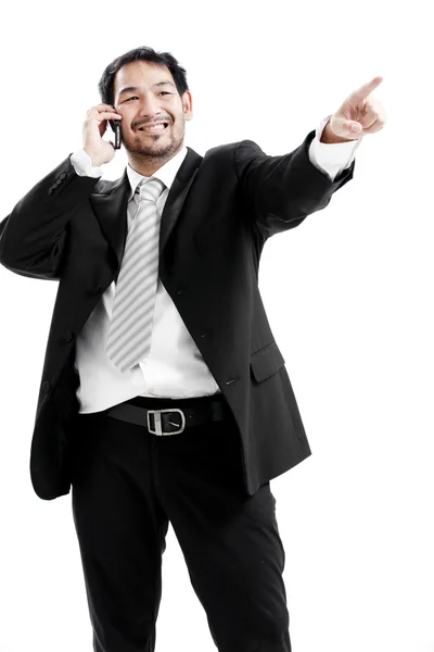 Portret van een gelukkige jonge zakenman praten op mobiele telefoon — Stockfoto