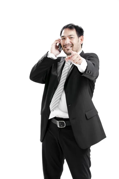 Portret szczęśliwy młody biznesmen rozmowy na telefon komórkowy — Zdjęcie stockowe