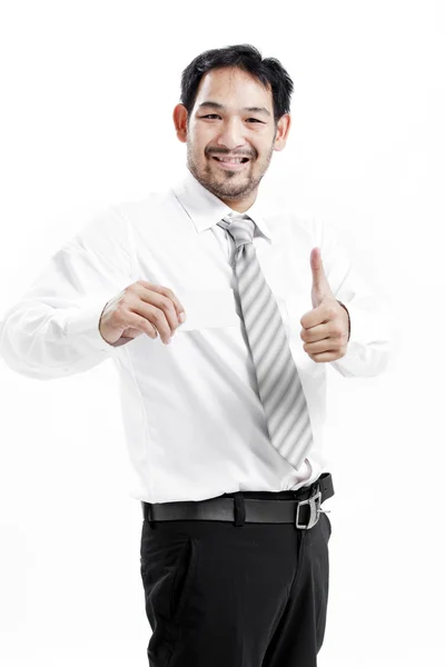 Business man handing a blank business card over white background Stock Picture