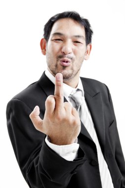 üzgün işadamı orta parmağını veriyor