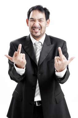 üzgün işadamı orta parmağını veriyor