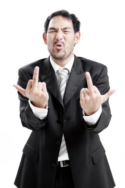 üzgün işadamı orta parmağını veriyor