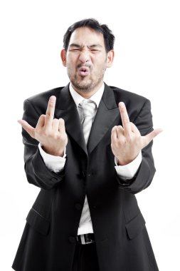 üzgün işadamı orta parmağını veriyor