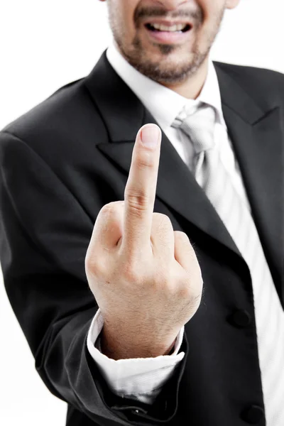 Расстроенный бизнесмен показывая средний палец — стоковое фото