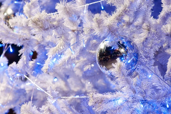 Un'immagine ravvicinata di una sfera ornamentale decorativa bianca di Natale su un ramo di abete bianco con l'illuminazione blu . — Foto Stock