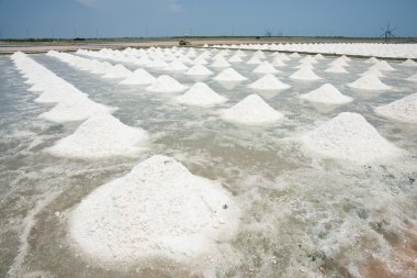 deniz tuzu hasat için hazırlanan bir alanda yığını