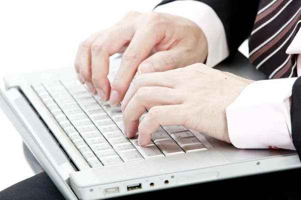 Close up view of male hand touching computer keyboard — Stock Photo, Image