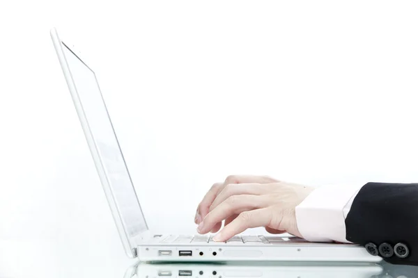 Close up view of male hand touching computer keyboard — Stock Photo, Image