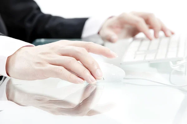 Close up view of male hand touching computer keyboard — Stock Photo, Image