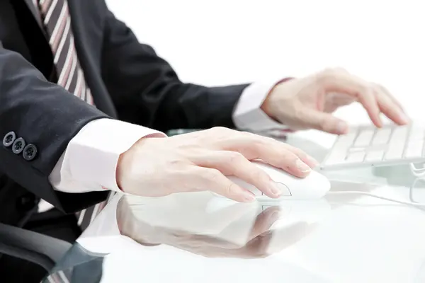 Close up view of male hand touching computer keyboard — Stock Photo, Image
