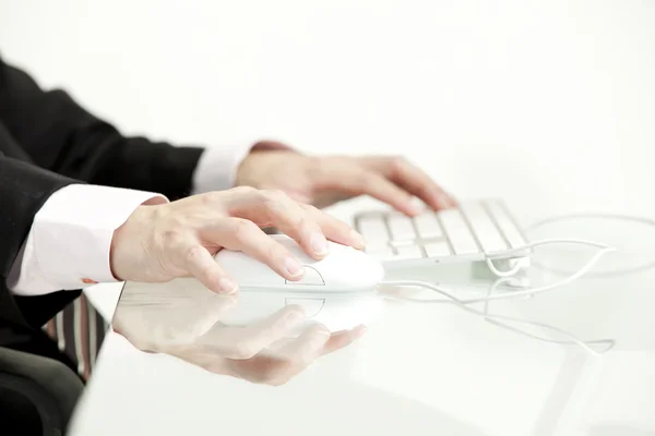 Close up view of male hand touching computer keyboard — Stock Photo, Image