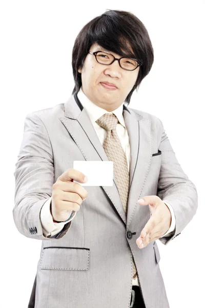 Portret zakenman met lege notitie kaart — Stockfoto