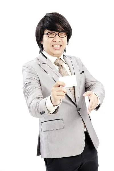 Portrait business man holding blank note card — Stock Photo, Image