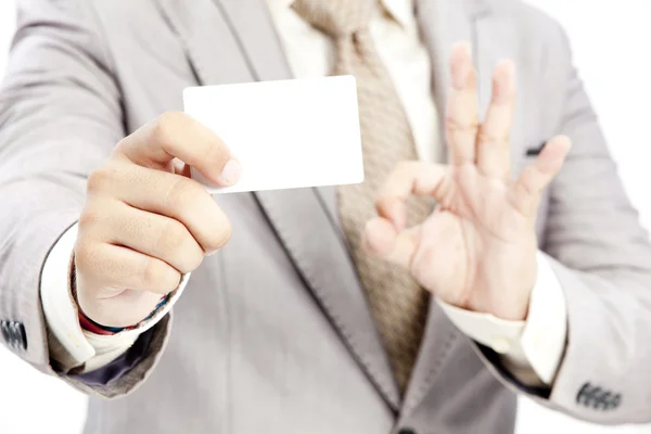 Portrait business man holding blank note card — Stock Photo, Image