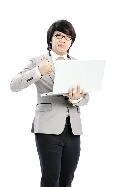 Бізнесмен тримає на своєму комп'ютері — стокове фото