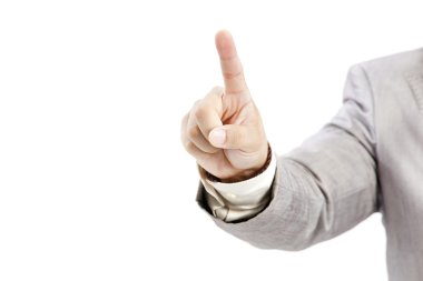 Beyaz bir arka plan karşı izole sanal bir düğmeye basarak elle