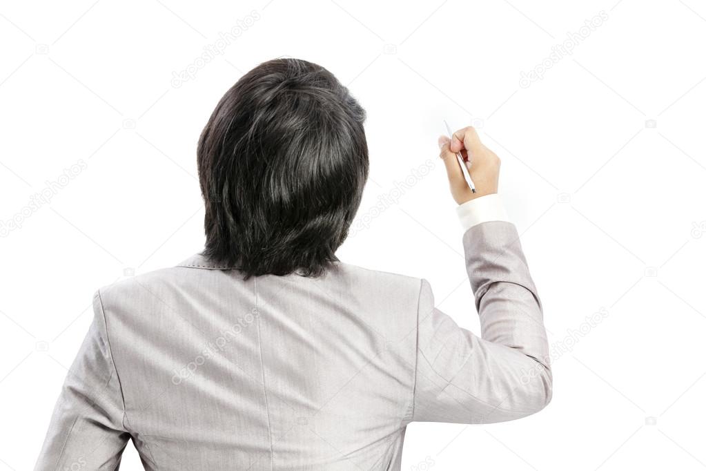Businessman writing and pen on white background