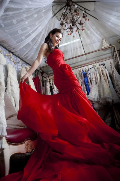 Beautiful asian woman in luxury red dress — Stock Photo, Image