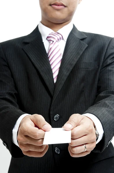 Business man holding blank note card — Stock Photo, Image