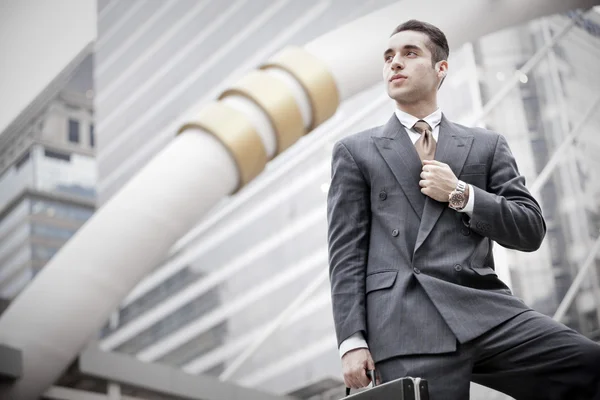 Empresario de pie con un maletín, al aire libre . — Foto de Stock