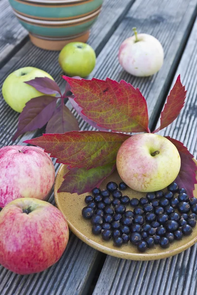 Apples and berries in a bowl on the table — Stock Photo, Image