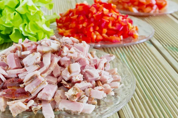 Sliced tomatoes and ham — Stock Photo, Image