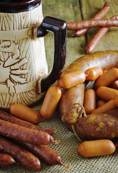 Sausages and beer mug — Stock Photo, Image