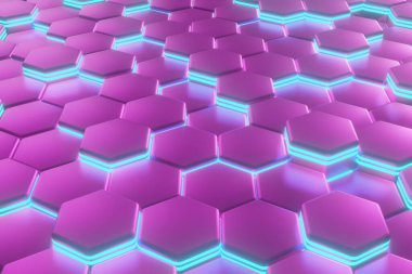parlak altıgenler, geometrik şekillerden yapılmış mor ve mavi soyut arkaplan, bal peteğinden yapılmış renk yapısı, 3D görüntüleme